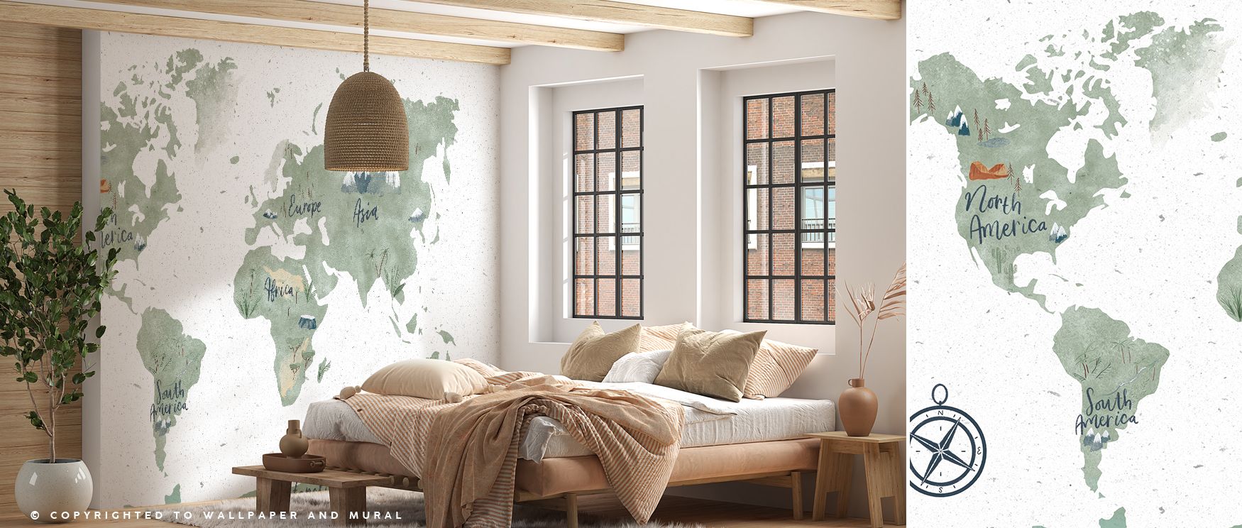 The mural blends educational value with artistry, making geography beautiful; its design radiates calm, suitable for both professional and playful spaces, ensuring interiors feel both stylish and inspiring. 