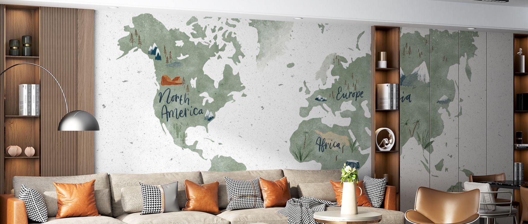 The clean lines and balanced rhythm of the continents enrich walls with clarity; the mural suits offices, studies, and nurseries, offering elegance and curiosity in equal measure. 