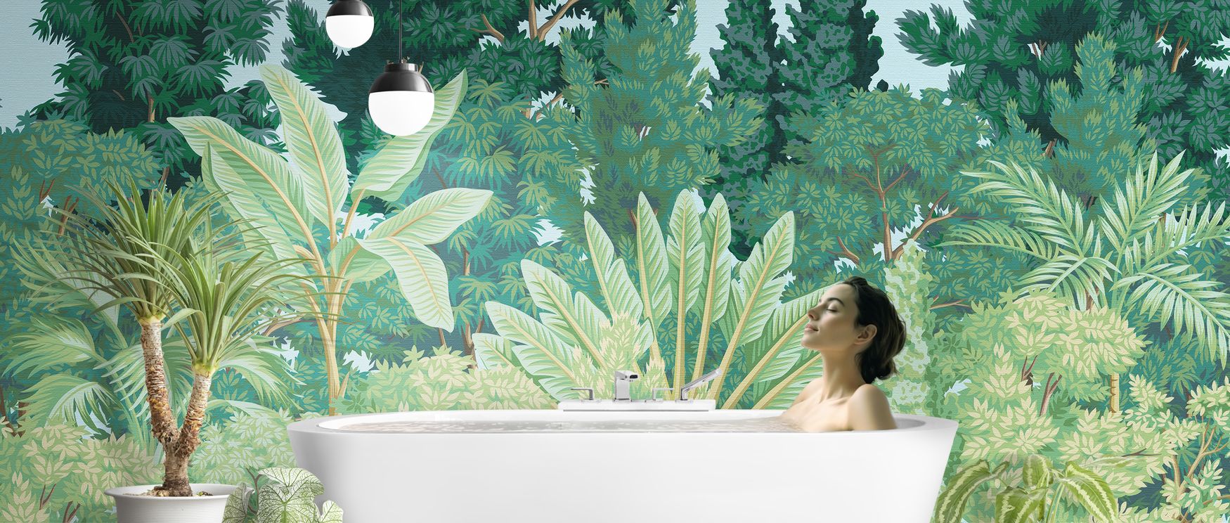 The mural balances lush greenery with layered trees, creating immersive compositions; it grounds interiors with calm rhythm, making living spaces or bedrooms rich with tropical artistry and natural inspiration. 