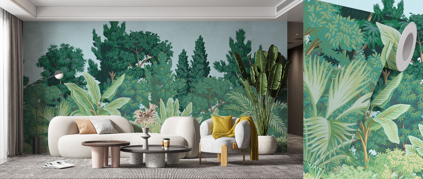 Trees dominate the composition with lush overlapping foliage, creating immersive calm; the mural suits living rooms and bedrooms, offering cultivated forest richness that transforms interiors into timeless sanctuaries of natural beauty. 