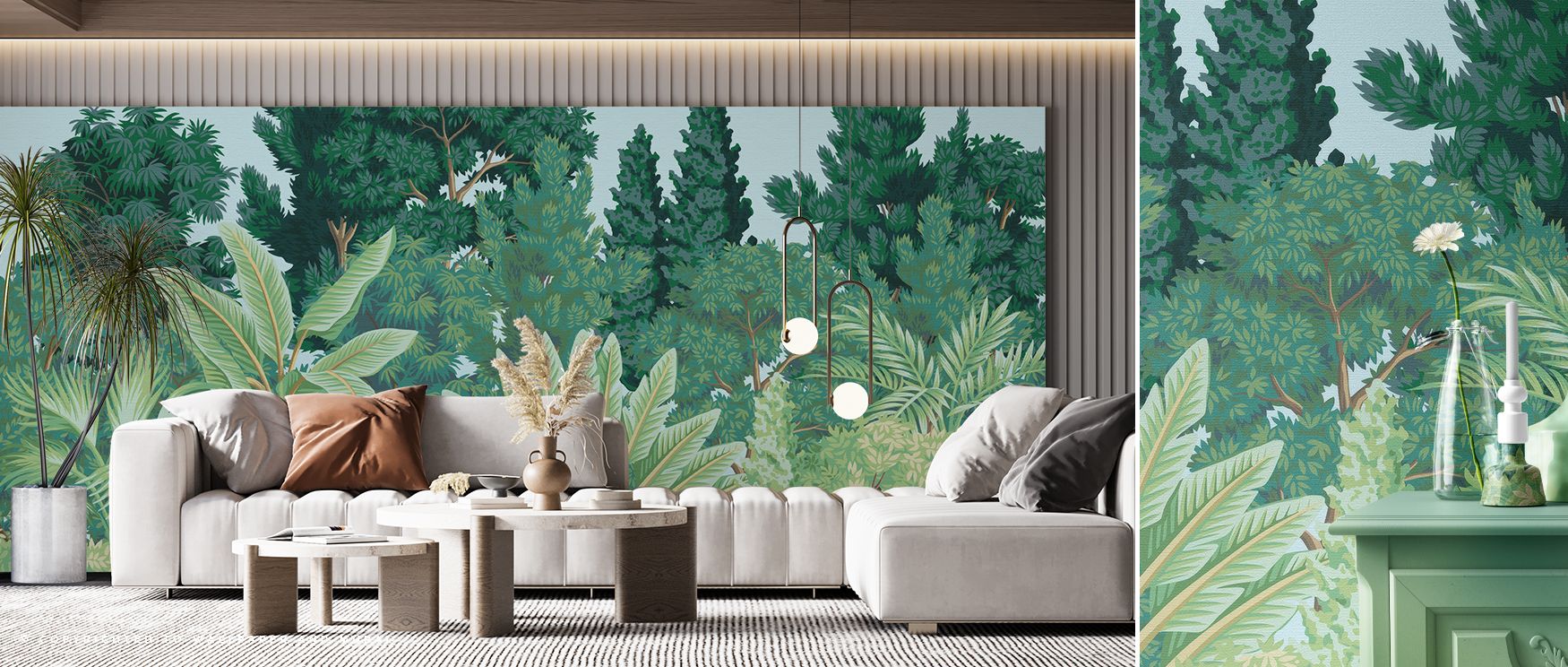 Silva Tropica reveals botanical abundance with depth and balance; its dense forest imagery enriches interiors with calm, perfect for spaces where serenity and vitality are equally important, such as bedrooms or studies. 