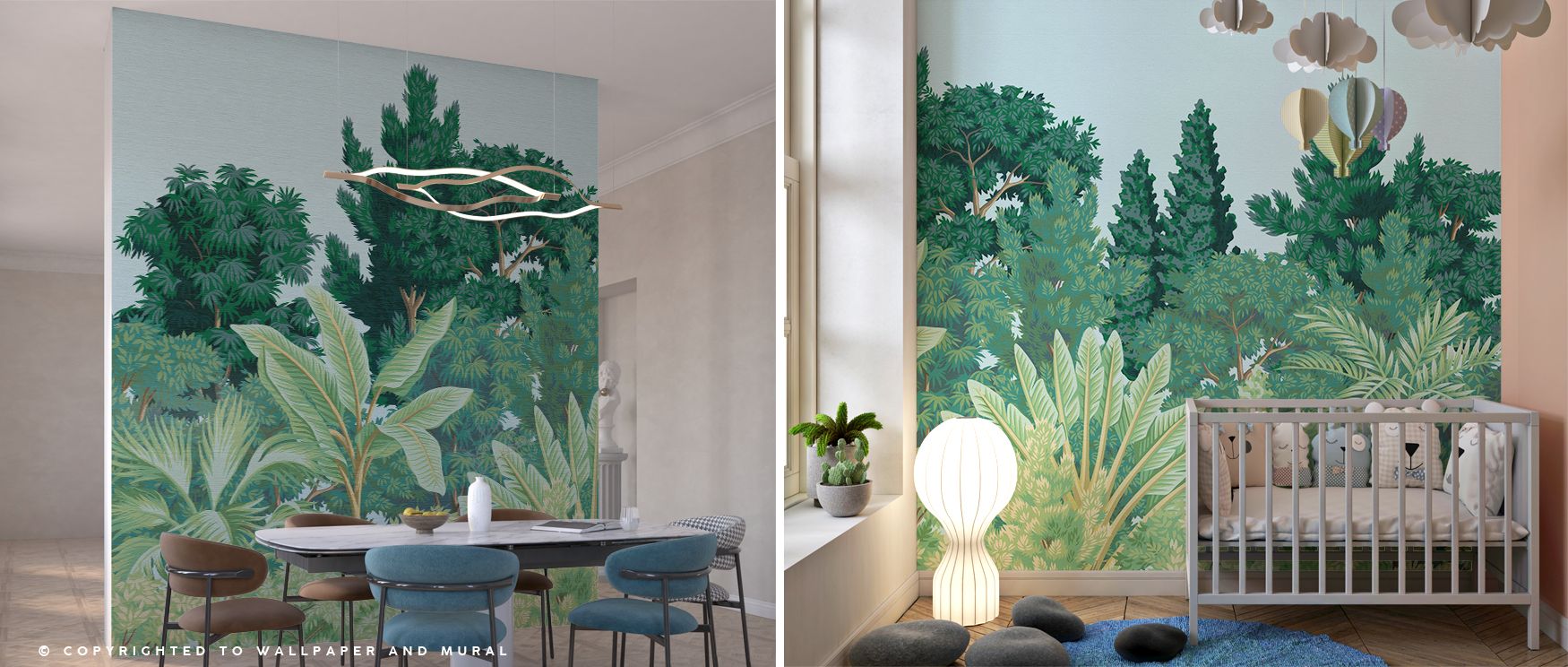 Silva Tropica transforms walls with tropical charm, layering trees in harmonious rhythm; this mural makes interiors feel both serene and vibrant, creating restful retreats for bedrooms or energizing atmospheres for studies. 