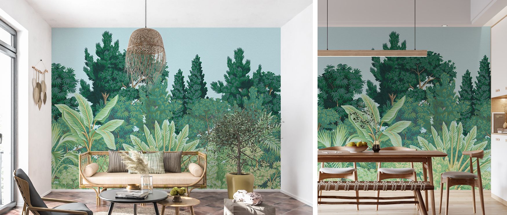 A tropical forest scene fills interiors with depth and calm, radiating richness through tonal layering; the mural suits bedrooms, living rooms, and creative spaces, providing natural inspiration and cultivated sanctuary mood. 