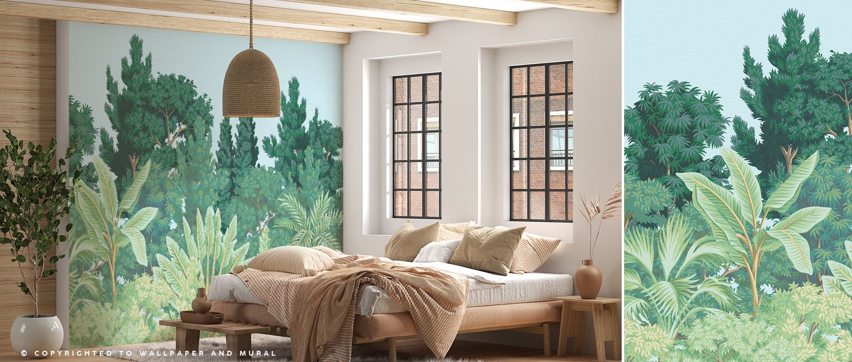 Silva Tropica thrives as a daily backdrop, with its forest imagery anchoring interiors in calm beauty; the mural offers timeless greenery, enriching rooms with balance and vitality, creating an environment that feels restorative and inspiring.