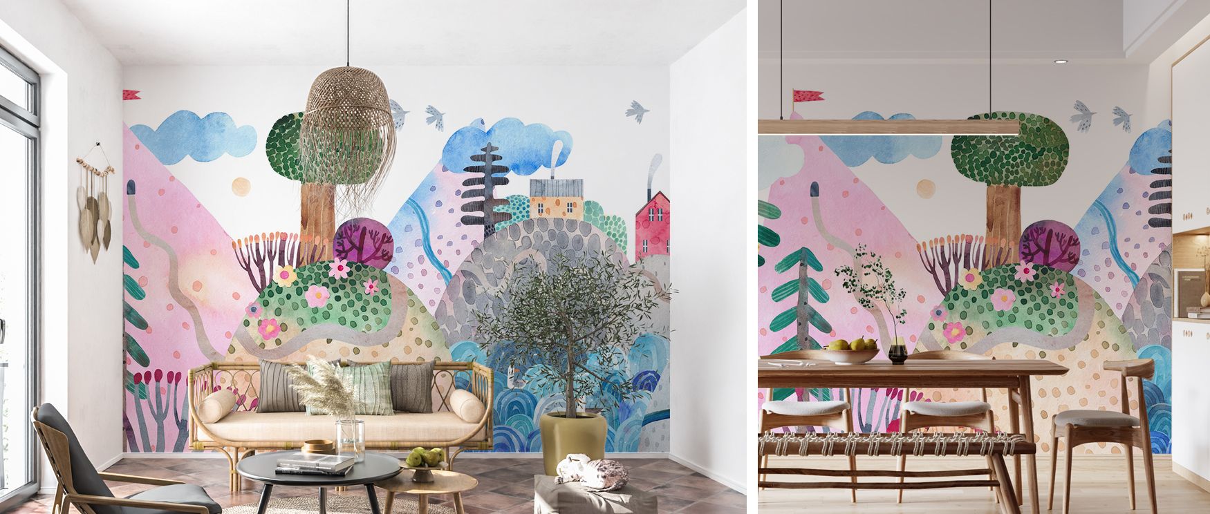 Birds soar above mountains and trees in rhythmic balance; the mural suits imaginative interiors, creating nurseries or bedrooms where adventurous spirit meets natural serenity, encouraging children to explore through play. 