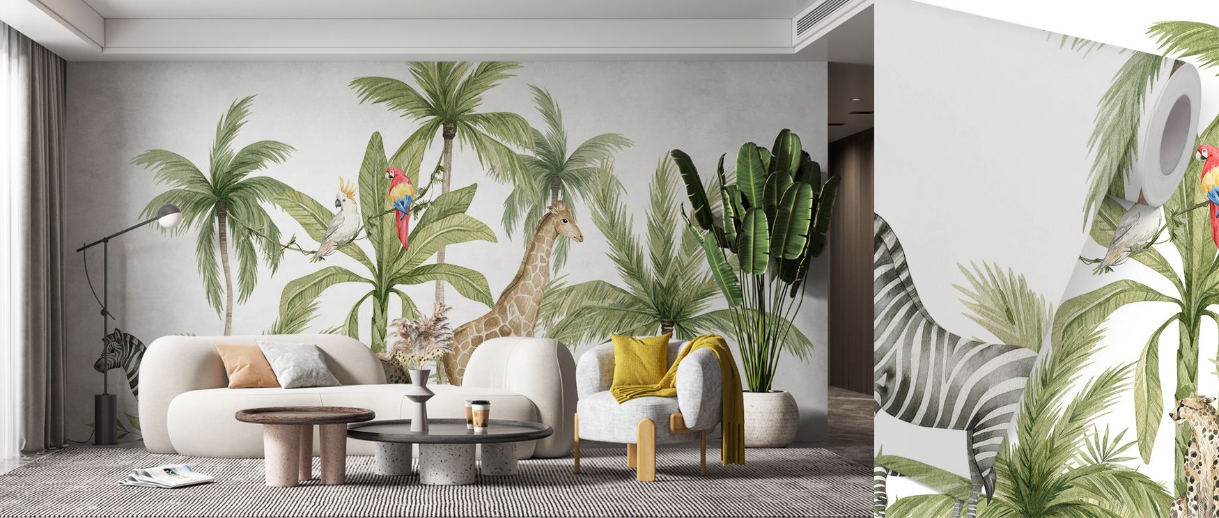 Palm Tree Hideaway layers animals and greenery into dynamic rhythm, turning bedrooms or family spaces into imaginative retreats. The parrots add color, zebras provide grounding balance, giraffes contribute elegance, monkeys add joy, and the cheetah brings