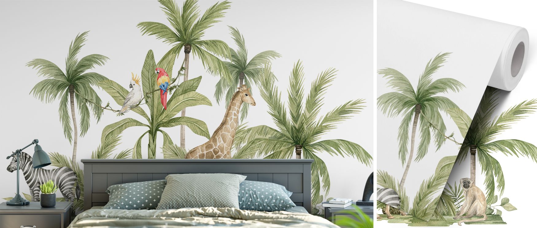 Parrots soar brightly across palm canopies while zebras and giraffes move with calm rhythm; monkeys enliven the scene with playful energy and a cheetah adds narrative power. This mural suits adventurous interiors, enriching nurseries and living areas with