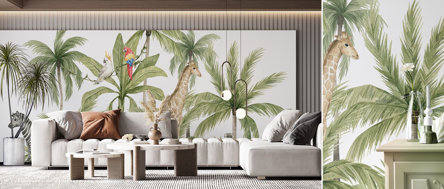 The mural balances dense palm foliage with animated animals, enriching interiors with adventurous charm. It transforms nurseries and family rooms into playful sanctuaries filled with curiosity and balance, grounding walls in decorative artistry that celeb