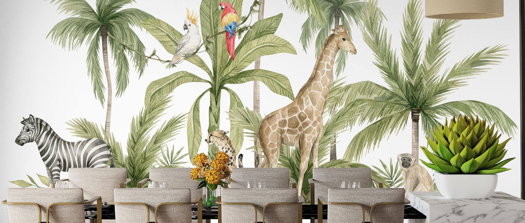 Animals enliven the palm-filled jungle with character and balance, making interiors adventurous yet composed. The mural enriches walls with charm, perfect for nurseries or family spaces where imagination and artistry thrive. 