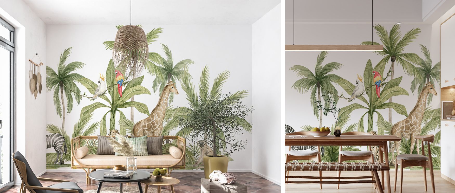 Parrots flash across palm leaves while zebras and giraffes provide rhythm, monkeys play above, and the cheetah completes the scene with elegance. This layered composition enriches interiors with charm, making nurseries, family spaces, or bedrooms lively y