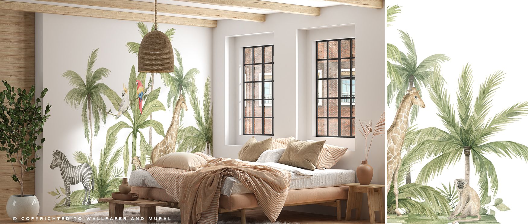 Palm Tree Hideaway radiates vitality, blending tropical greenery with playful animals. It transforms interiors into imaginative sanctuaries where curiosity thrives, making nurseries and living rooms adventurous retreats enriched with natural beauty and de