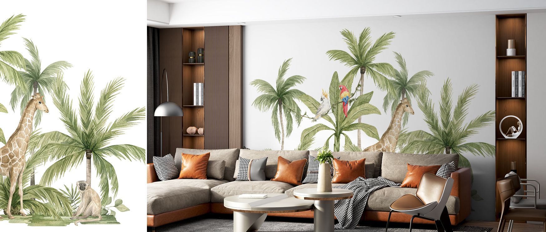 A jungle scene alive with parrots, monkeys, zebras, giraffes, and a cheetah fills the mural with rhythm and charm. Palm trees anchor the composition, making interiors feel lush, adventurous, and imaginative, ideal for playful children’s spaces or vibrant 