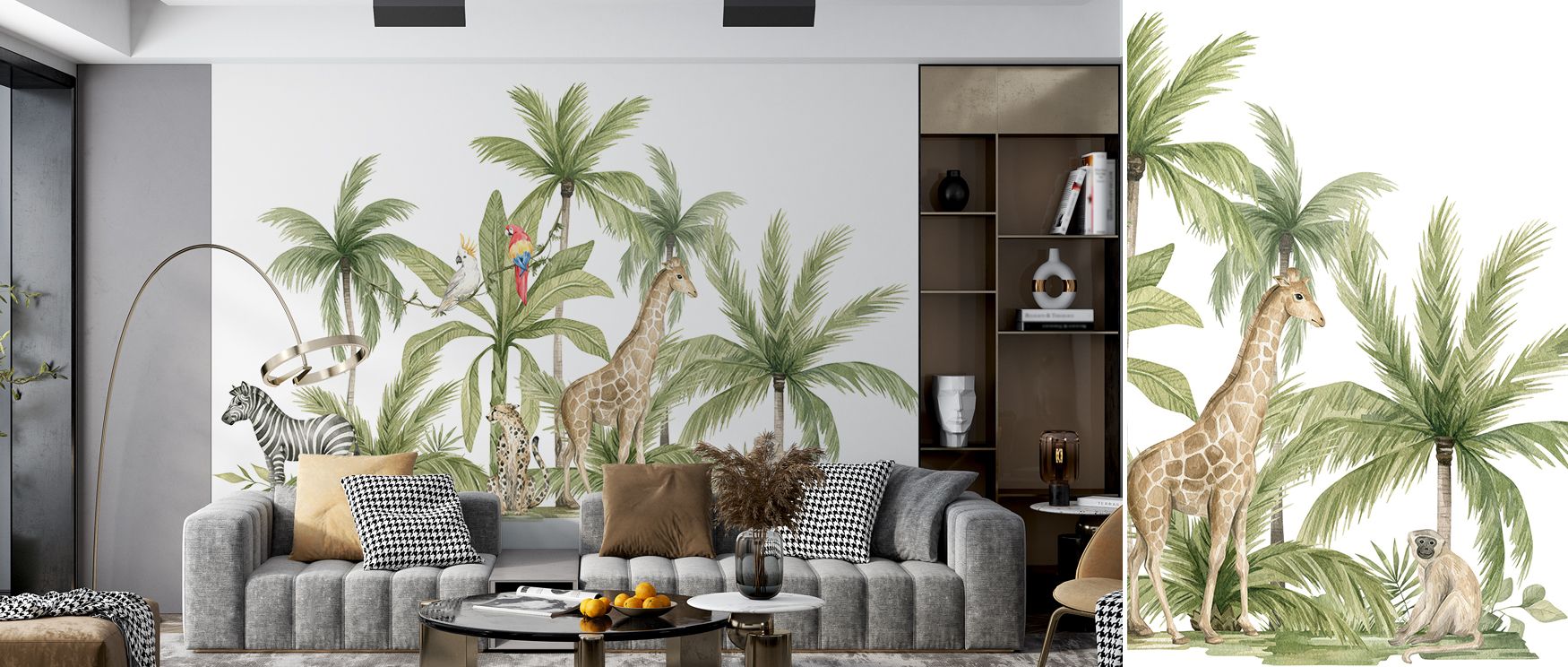 The mural’s layered foliage provides rhythm, while animated animals add character. It suits nurseries, bedrooms, or creative spaces, ensuring interiors become sanctuaries filled with jungle vitality, curiosity, and decorative elegance. 