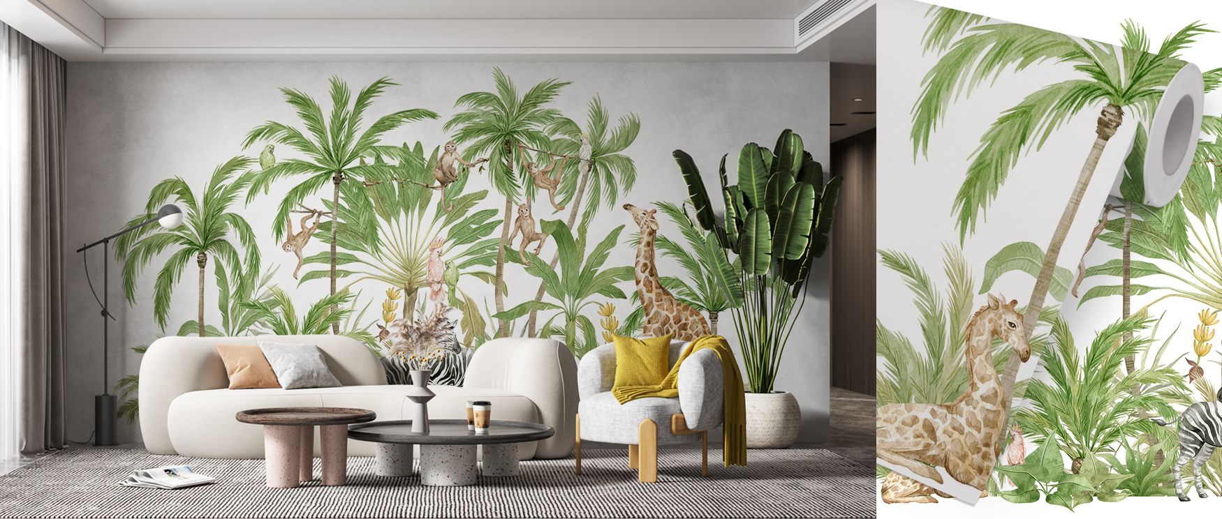 The mural’s rhythm balances parrots in flight with zebras grazing and giraffes stretching; trees anchor the composition in calm greenery, making interiors joyful and imaginative. It suits nurseries and children’s rooms, creating playful sanctuaries filled