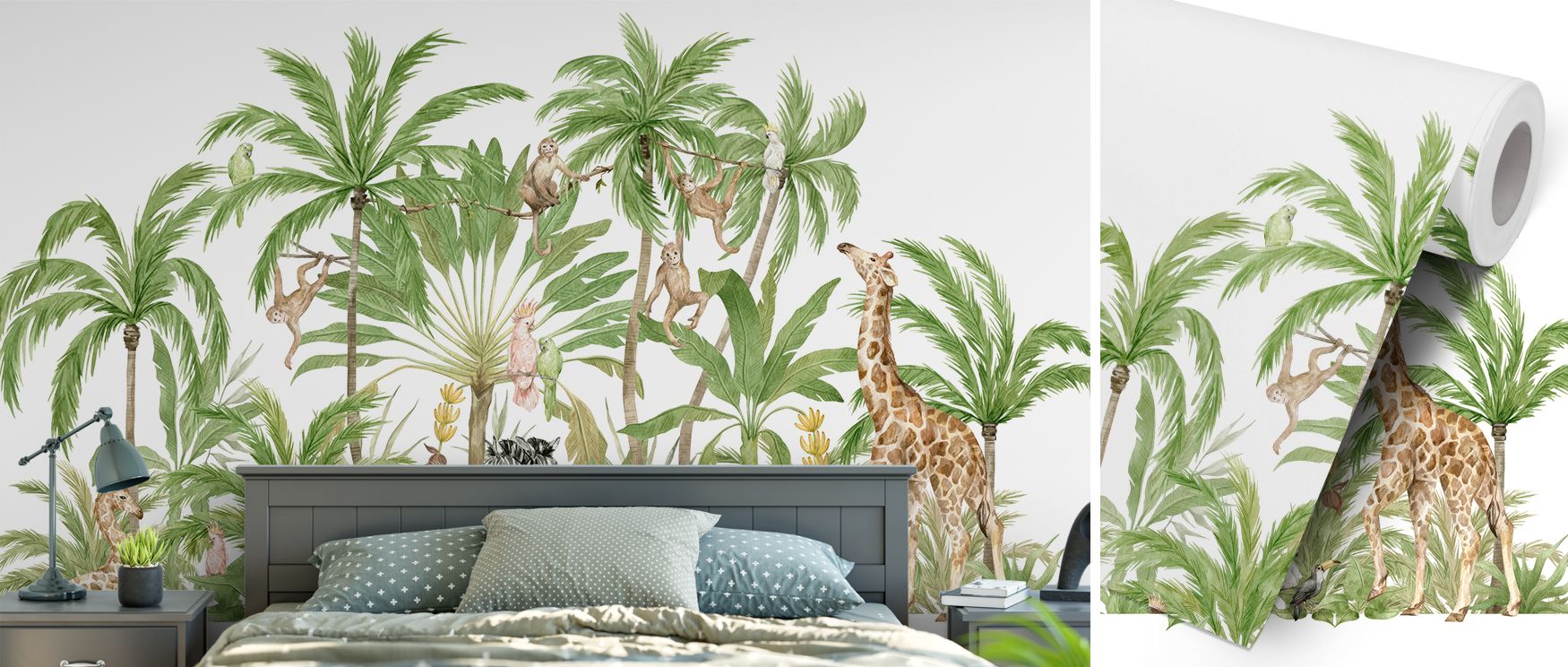 My Own Little Jungle radiates vitality through its balanced design of trees and animals. It transforms bedrooms, family areas, or creative spaces into adventurous retreats where storytelling thrives, imagination is sparked, and interiors feel alive with p