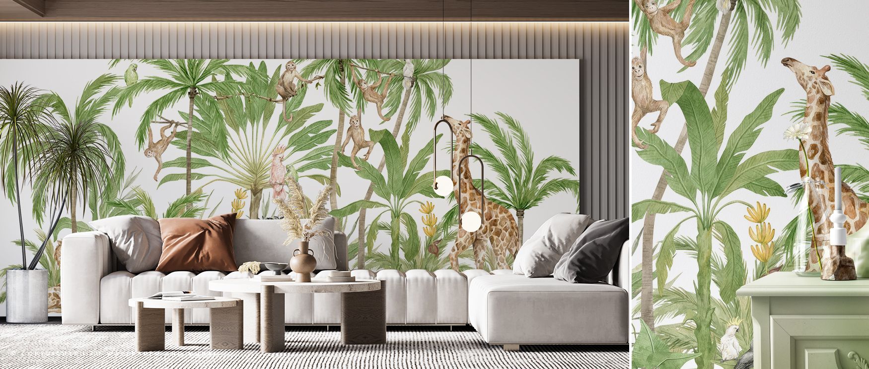 Parrots and birds animate the forest canopy while zebras and giraffes enrich the ground level with balance. The mural creates imaginative interiors filled with vitality, charm, and balance, perfect for nurseries, bedrooms, or playful living rooms. 