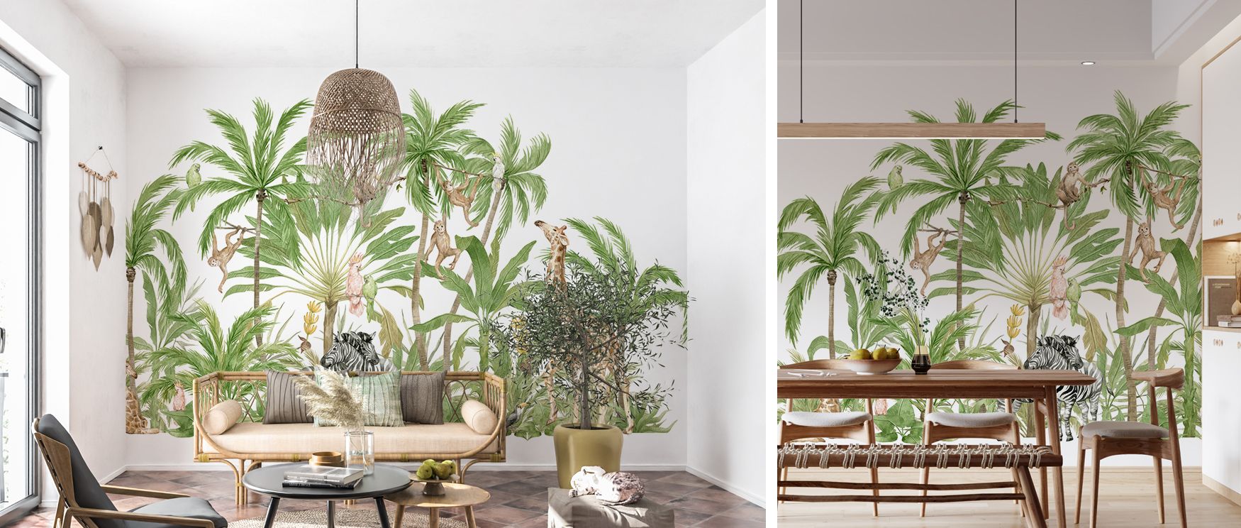 Forest trees rise with decorative rhythm while animals add liveliness; this balance creates joyful interiors that inspire children and families, turning ordinary walls into immersive jungle retreats of charm and playfulness. 