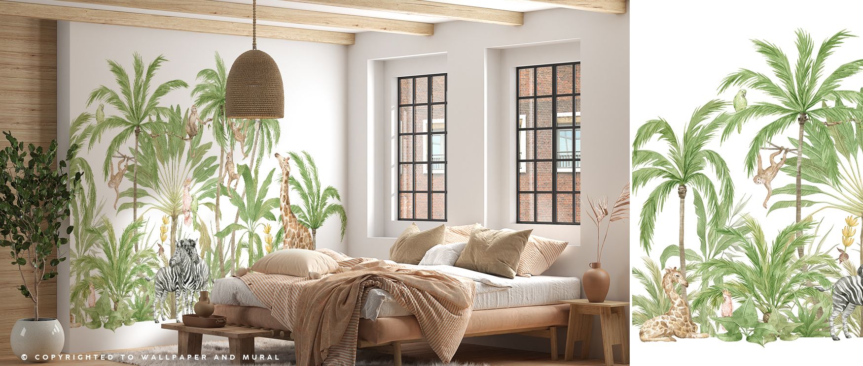 Birds and animals animate the mural in harmonious rhythm; the composition enriches nurseries or bedrooms with adventurous charm, ensuring interiors feel lively yet composed, filled with imaginative artistry and decorative beauty. 