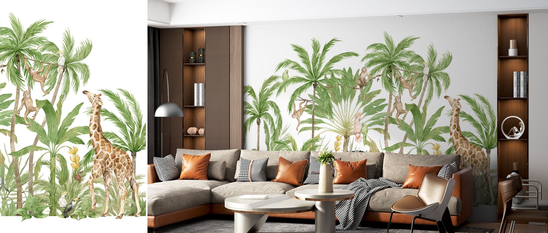 A zebra grazes peacefully while parrots and birds scatter color, giraffes rise with grace, and trees anchor the scene; the mural transforms interiors into playful sanctuaries, perfect for family spaces and nurseries filled with joy. 