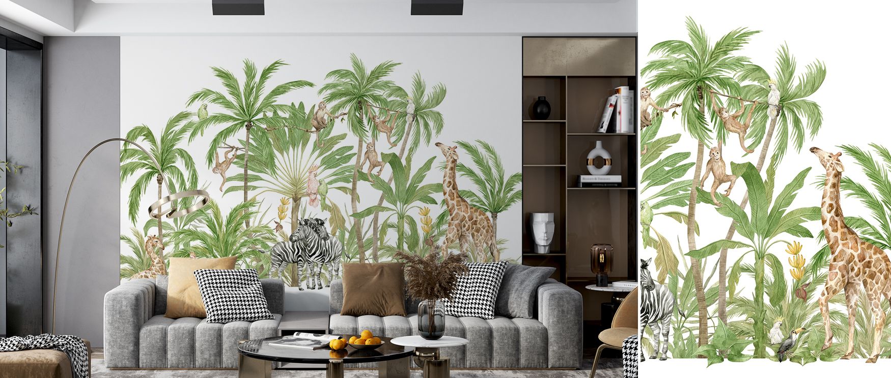 The mural’s lush trees and animated animals combine to create playful rhythm and charm. It suits children’s bedrooms, nurseries, or creative spaces, making interiors imaginative sanctuaries filled with natural vitality. 