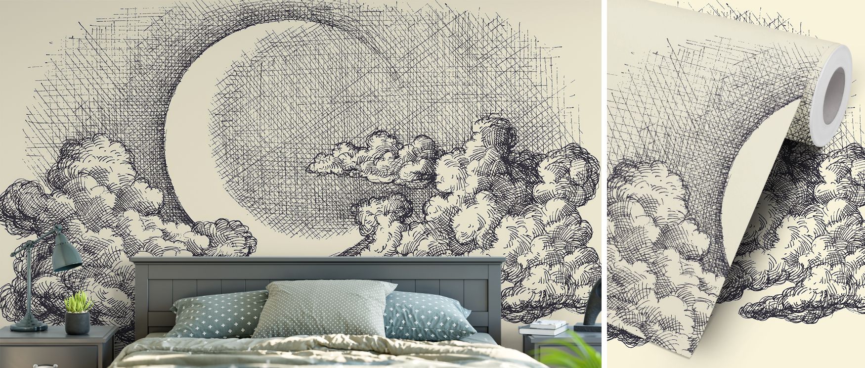 The mural radiates calm charm with its glowing moon and cloud rhythm; it suits bedrooms, studies, or living rooms, turning interiors into poetic retreats enriched with Deco artistry, serenity, and timeless sophistication that enriches daily living. 