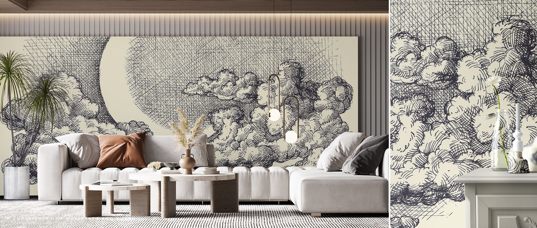 The mural balances moonlight with cloud movement, creating refined interiors that radiate charm and calm. Perfect for bedrooms, studies, or creative spaces, it enriches walls with timeless Deco artistry and serene atmosphere. 