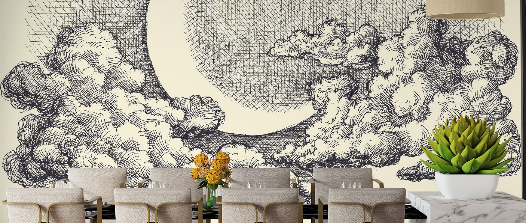 Deco detail frames the moon and clouds with elegance, making interiors serene. Bedrooms, studies, or creative spaces thrive with its refined artistry, poetic calm, and sophisticated night-sky charm. 