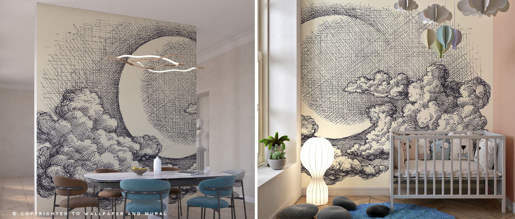 Clouds drift gracefully across a glowing moon, creating interiors of calm beauty. The mural suits restful bedrooms, dining areas, or family spaces, grounding walls in decorative rhythm while enriching interiors with poise. 