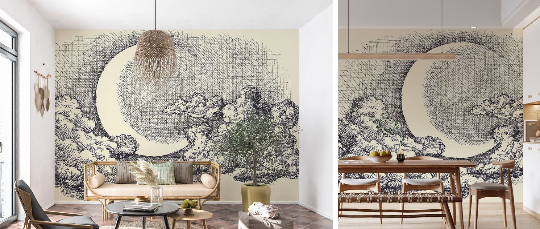 Arts & Deco artistry transforms the moon and clouds into poetic imagery, radiating calm charm. The mural enriches interiors with balance, making bedrooms, studies, or living areas feel serene, refined, and timelessly elegant. 