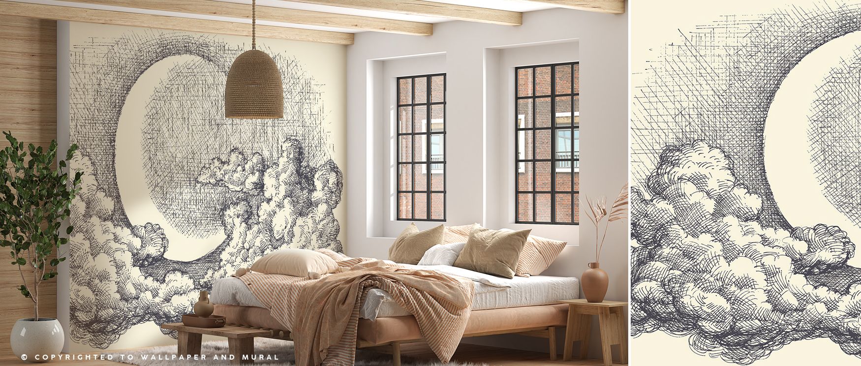 A glowing moon dominates the mural while clouds weave across in rhythm, enriching interiors with charm. Perfect for restful spaces, it creates interiors of timeless night-sky beauty and Deco-inspired elegance. 