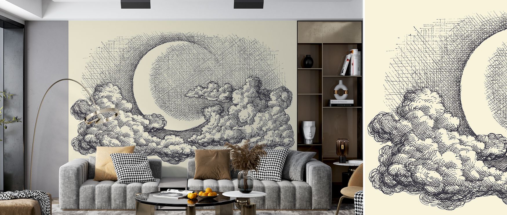 The mural radiates night-sky tranquility through moonlight and clouds, creating refined interiors. It suits bedrooms or studies, grounding walls in calm poise and enriching interiors with timeless decorative balance. 