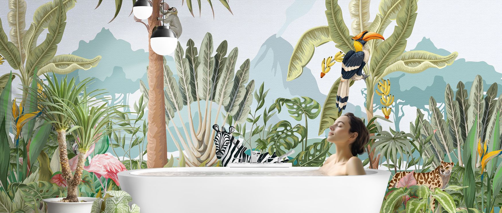 Lush forests anchor the composition while mountains frame the animals, enriching interiors with whimsical calm. Zebras, flamingos, monkeys, and birds animate nurseries and bedrooms with charm, ensuring interiors thrive with joy and playful curiosity. 