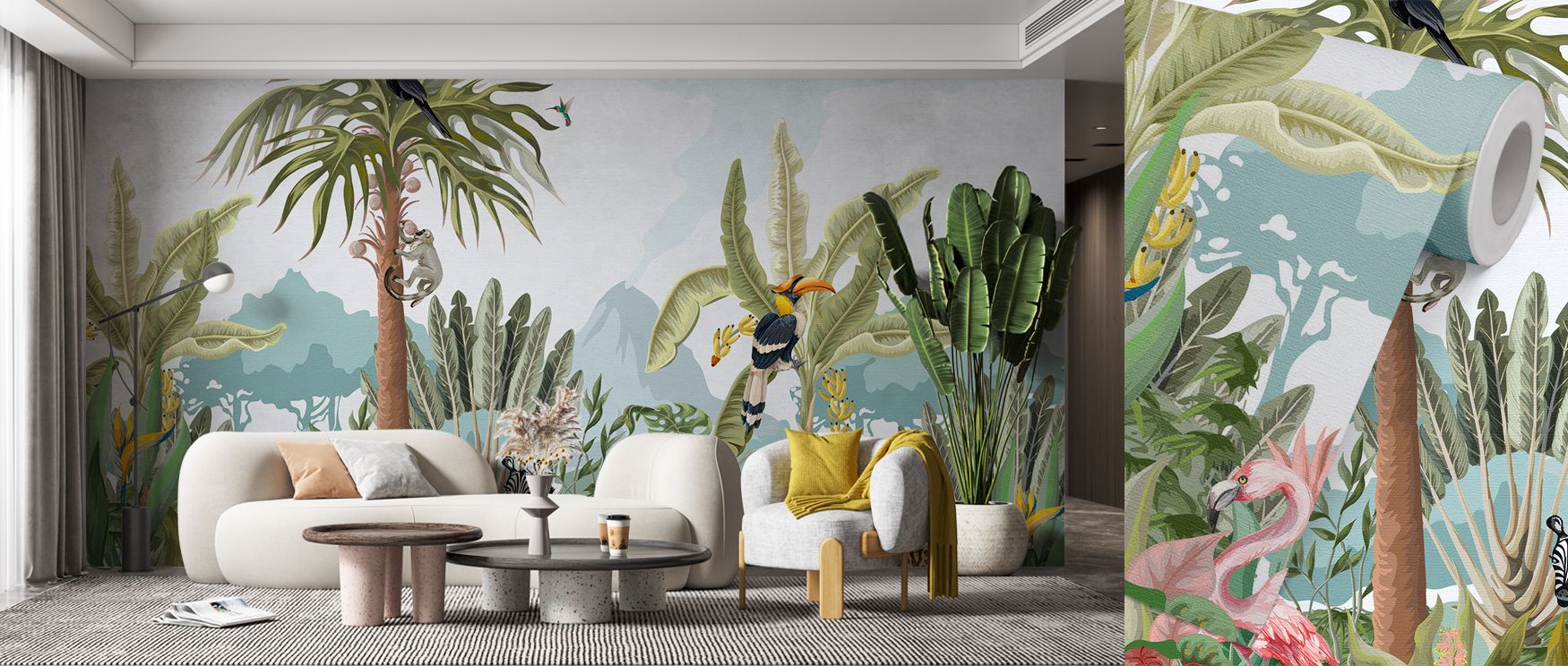 The mural balances mountain calm with animated forests, creating whimsical landscapes filled with animals. It suits nurseries and family rooms, enriching interiors with playful rhythm and narrative charm that thrives daily. 