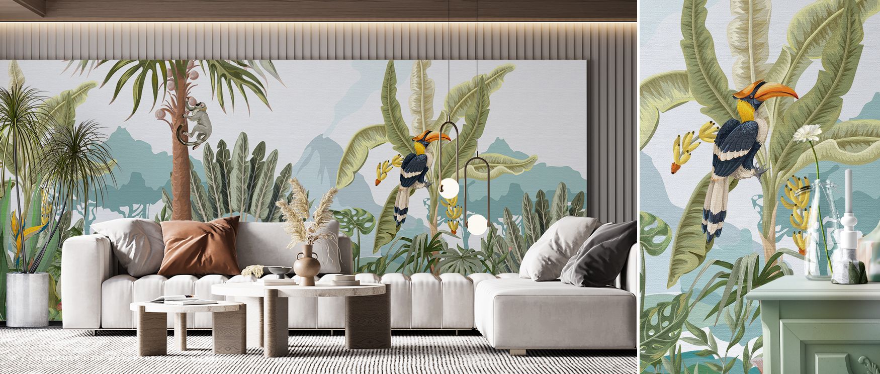 Monkeys swing with playful energy while zebras graze and flamingos add bright accents; birds complete the mural’s rhythm, creating interiors filled with imaginative energy perfect for nurseries and playful family spaces. 