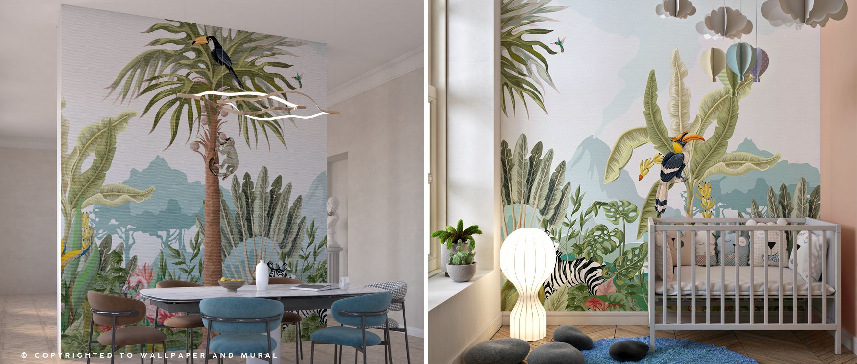 The mural creates joyful rhythm with flamingos, monkeys, and zebras set against mountain calm. Interiors gain playful charm, making nurseries and family spaces imaginative sanctuaries filled with whimsical decorative beauty. 