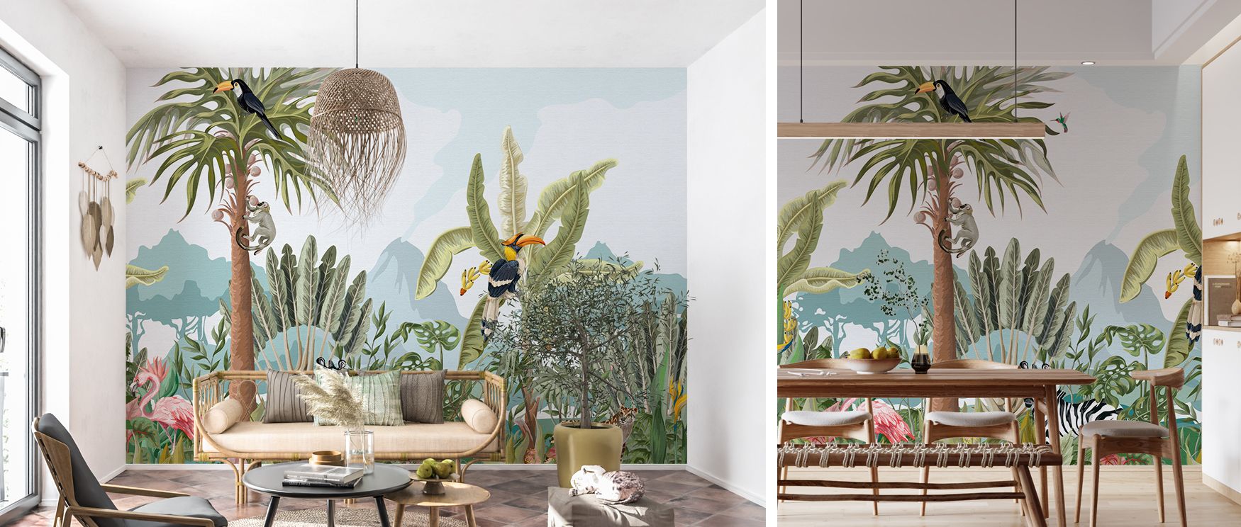 Mischievous Jungle Friends radiates playful energy through its animal characters, trees, and mountains, enriching nurseries or family spaces with charm. It creates imaginative retreats filled with curiosity and balance. 