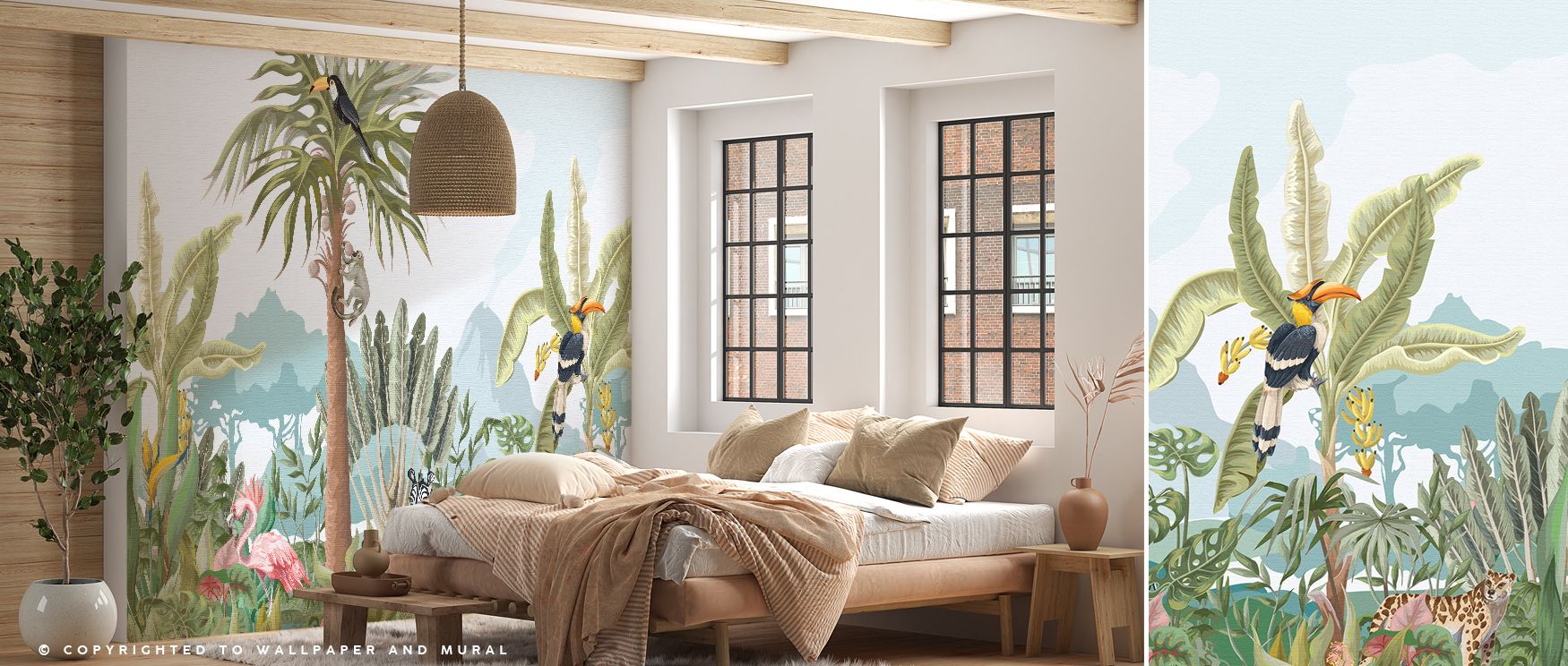 Birds soar above forests while zebras and flamingos provide rhythm and monkeys add charm. This mural suits nurseries and bedrooms, enriching interiors with imaginative artistry and playful decorative elegance. 