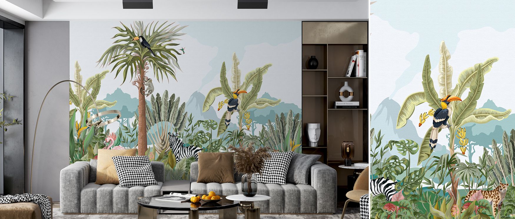 The mural combines whimsical animals with forest and mountain rhythm, enriching interiors with charm and energy. Perfect for nurseries, playrooms, or children’s bedrooms, it creates joyful retreats filled with natural inspiration and playful beauty.