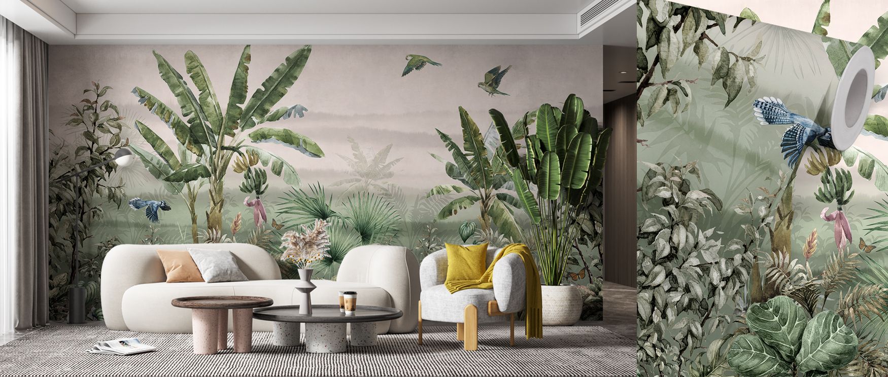 Banana trees anchor the mural’s composition with broad foliage while butterflies flutter gracefully and birds glide softly, creating interiors of refined tropical calm. This design enriches bedrooms, family areas, and creative spaces with balance, making 