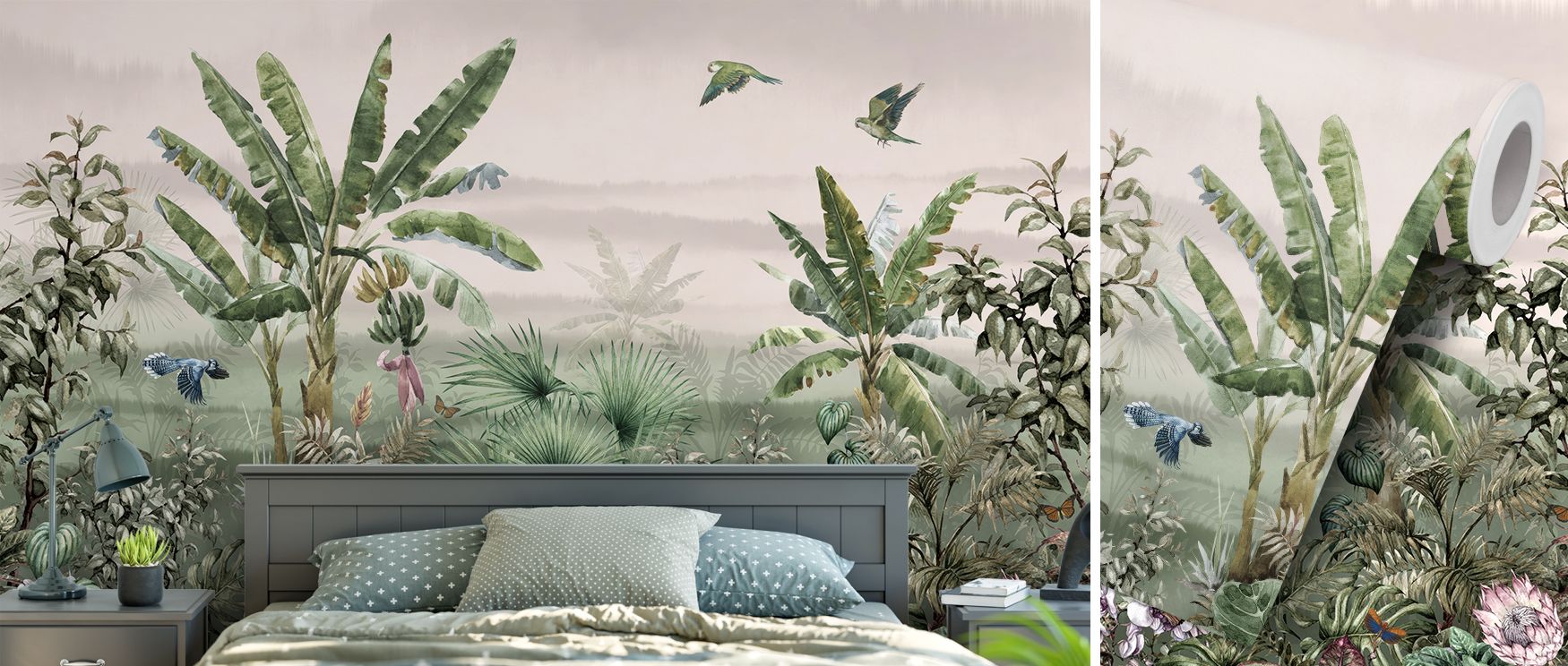 Matale Nature layers trees, birds, and butterflies into decorative harmony. Its rhythm makes bedrooms serene, dining spaces charming, and living areas calm sanctuaries. The balance between grounded greenery and animated wildlife transforms interiors into 