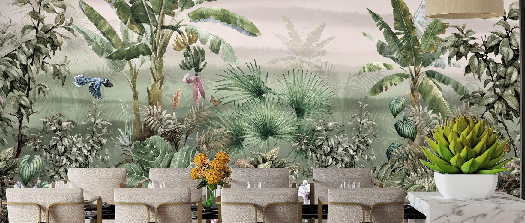 The mural celebrates tropical calm, layering banana trees, birds, and butterflies into elegant rhythm. It transforms nurseries, bedrooms, or family living spaces into lush sanctuaries where serenity and decorative beauty coexist. 