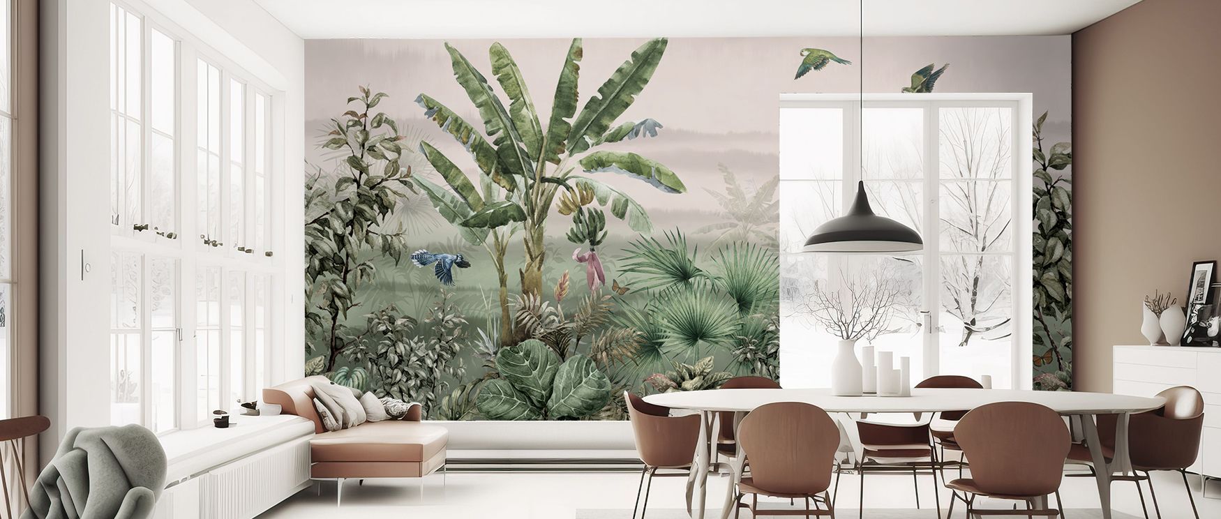 Lush trees rise across the mural while butterflies scatter movement and birds glide gracefully. The composition enriches interiors with vitality, balance, and charm, making bedrooms, living areas, or dining rooms timeless sanctuaries of tropical beauty.