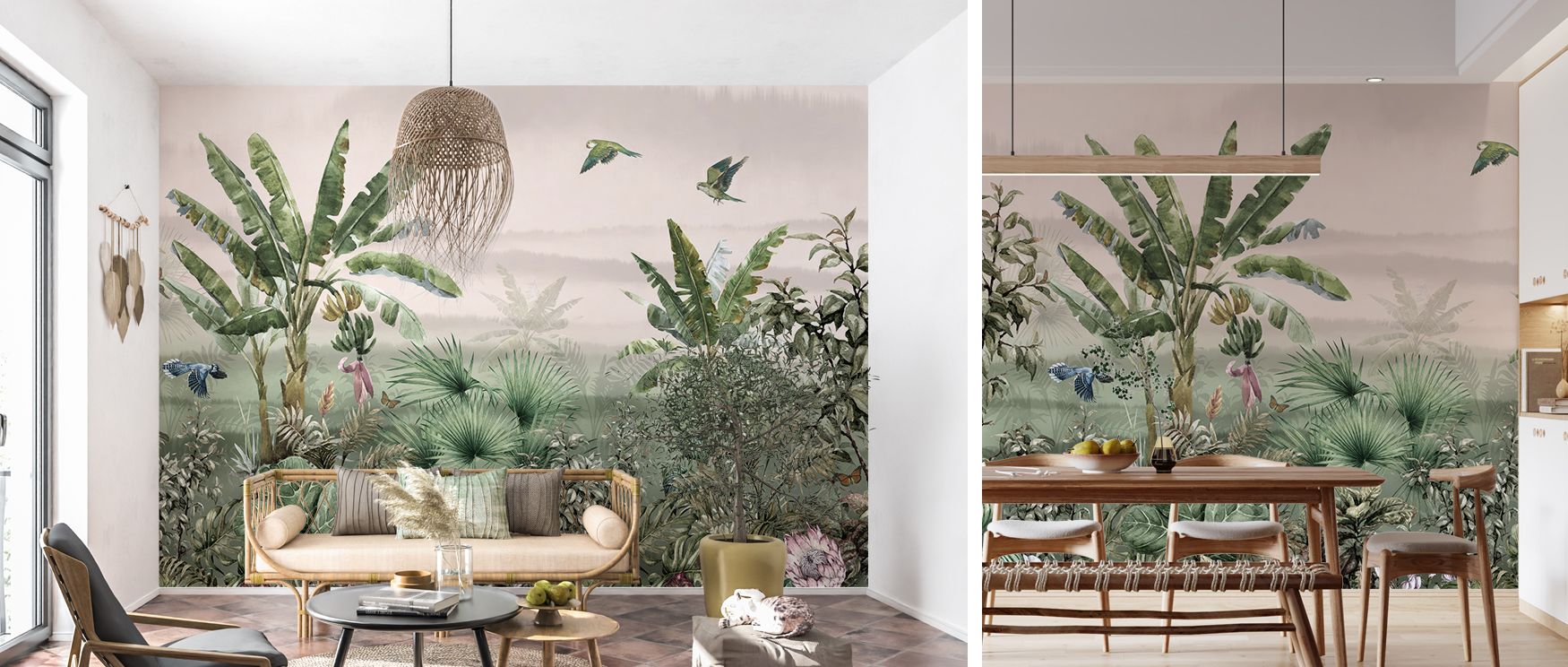 Trees stretch upward in decorative cadence, their rhythm softened by birds and butterflies; the mural creates immersive sanctuaries where daily life feels calmer. Perfect for bedrooms, dining spaces, or living rooms, it adds elegance and tropical vitality