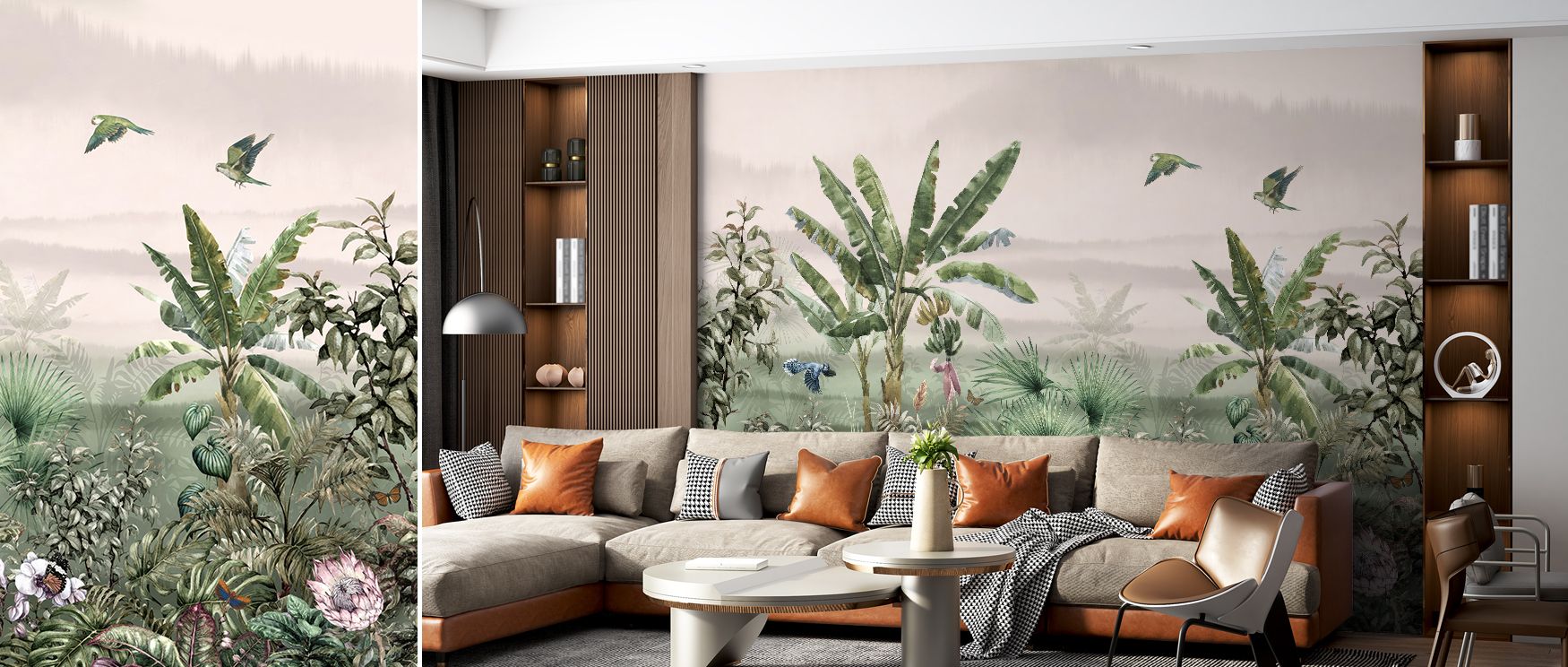 Birds and butterflies enrich the lush greenery with gentle rhythm, creating walls that feel alive yet restful. Banana trees add grounding presence, ensuring the mural suits restful bedrooms, playful family spaces, and elegant dining areas with timeless tr