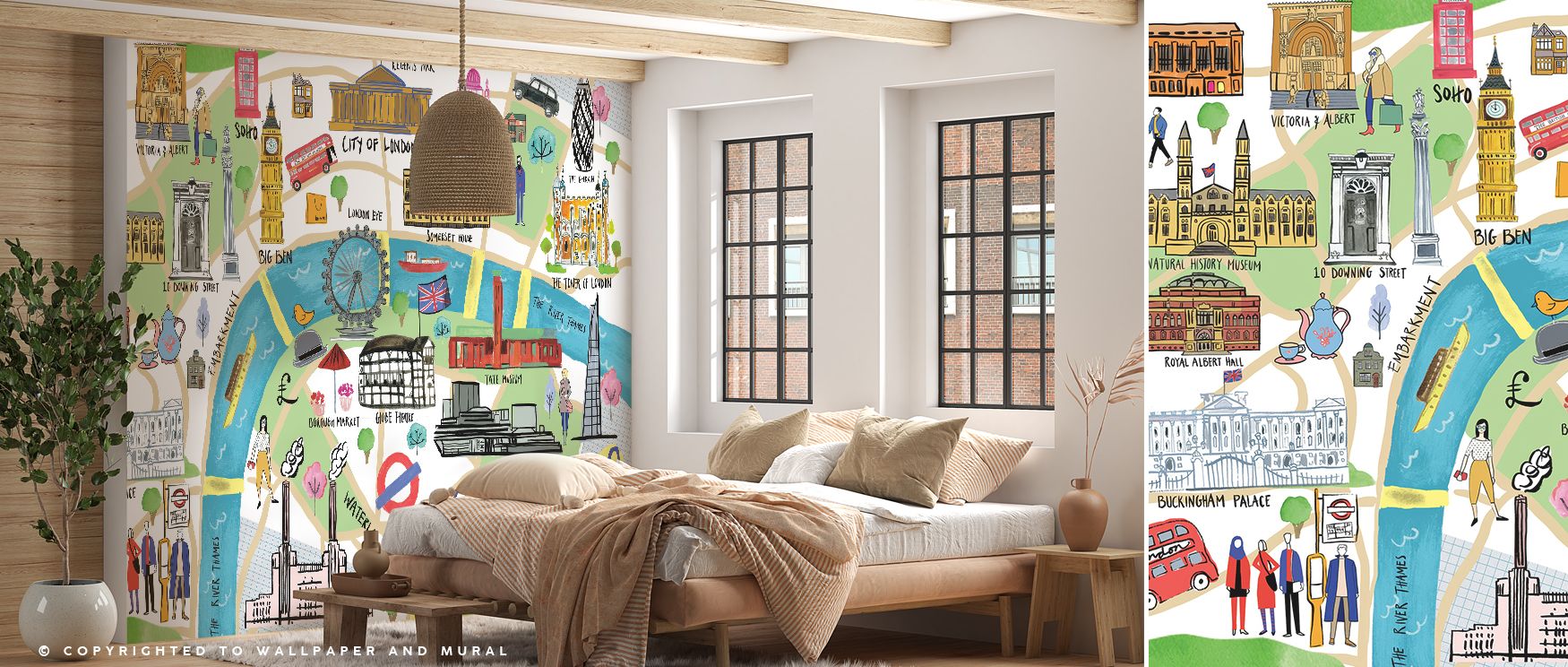 The Tower of London anchors the mural in heritage, balancing modern Deco styling with cultural weight. This blend enriches interiors with timeless elegance, making walls refined focal points in bedrooms or living rooms. 