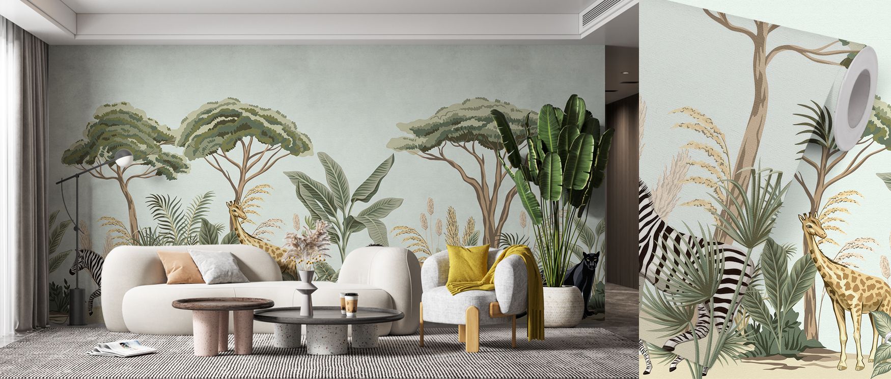 Trees rise across the savannah with rhythm while animals animate the ground. Lions, zebras, and giraffes create lively balance, making interiors playful and imaginative. The mural suits nurseries, bedrooms, or family living areas with charm and adventurou