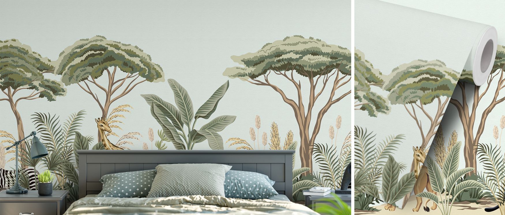 The savannah scene balances grounded greenery with animated wildlife. Lions add power, zebras bring rhythm, giraffes create elegance, and birds add liveliness. This mural makes nurseries, playrooms, and family spaces adventurous sanctuaries filled with pl