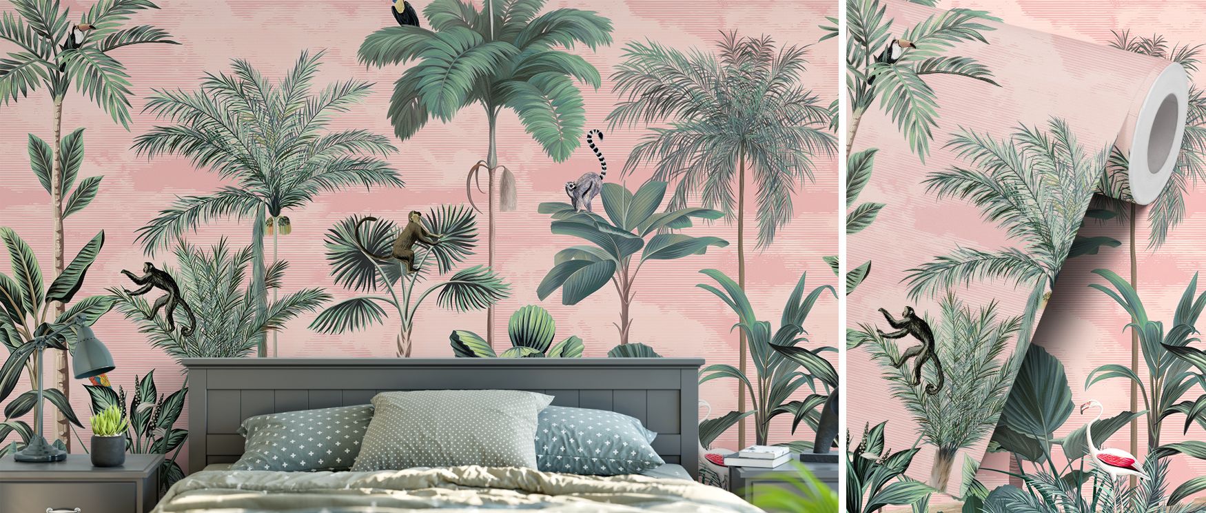 Jungle Delight radiates playful vitality through monkeys and parrots, softened by elegant flamingos and a peach palette; the mural suits nurseries, bedrooms, or family spaces, enriching interiors with curiosity, imagination, and decorative balance inspire