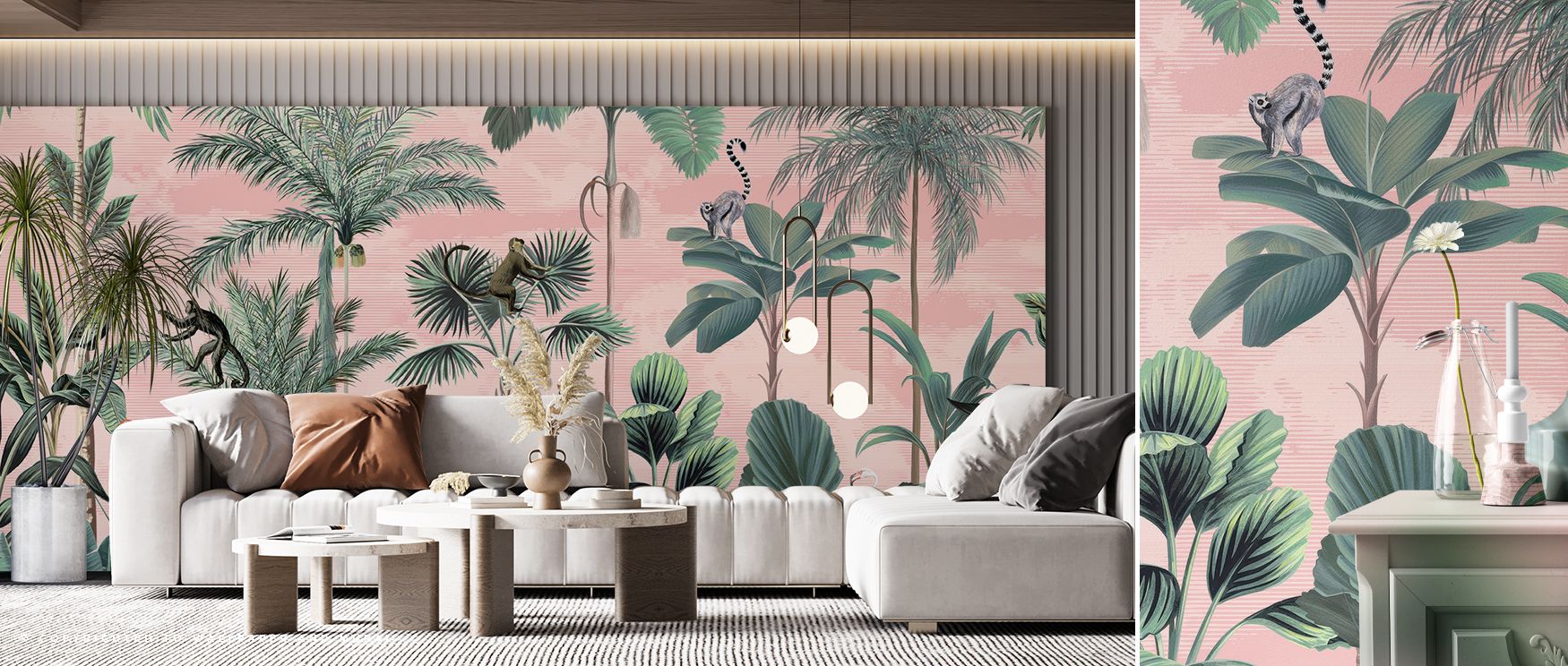 The mural blends charm and serenity with bold imagery; monkeys bring narrative, parrots add color, flamingos create grace, and foliage grounds the scene; this composition transforms interiors into sanctuaries filled with energy, charm, and tropical calm. 