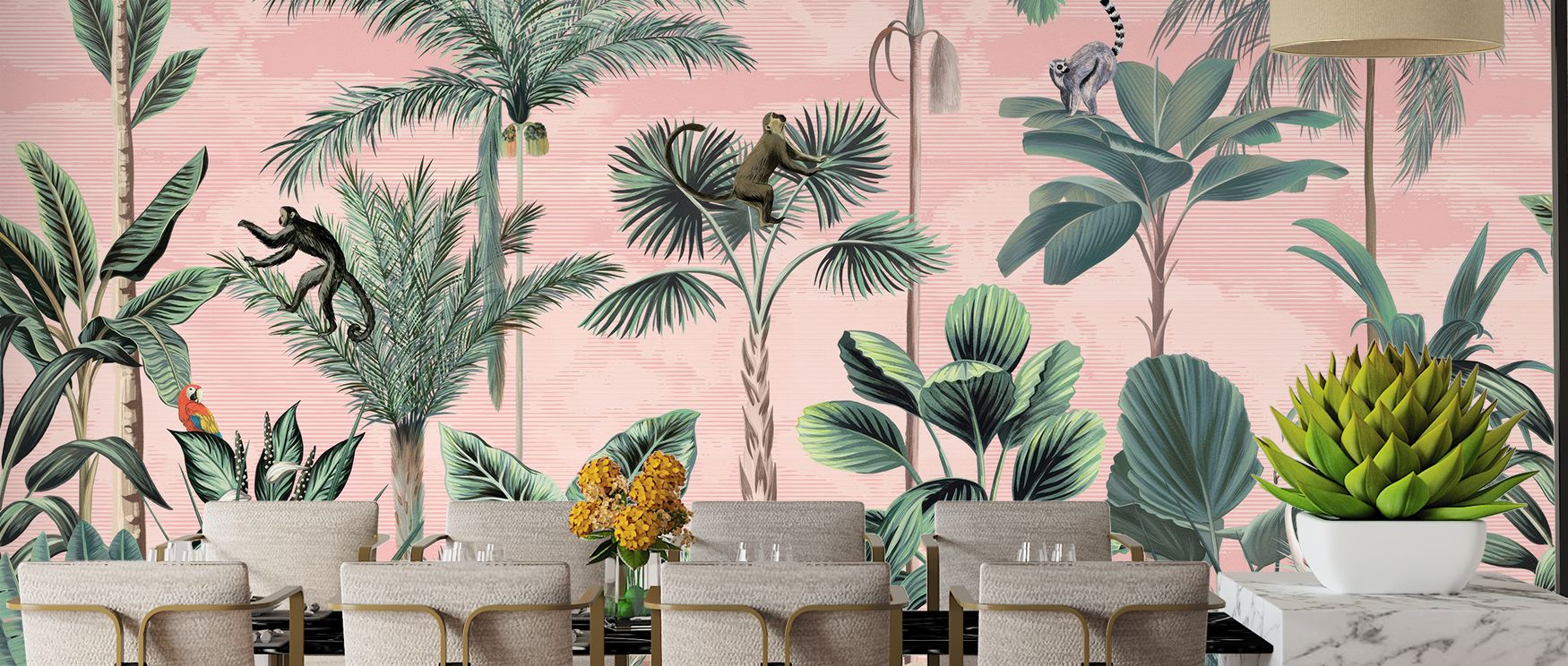 Parrots add brightness, monkeys bring movement, and flamingos offer grace against trees and peach tones. This composition enriches interiors with imaginative artistry, turning walls into refined yet playful tropical landscapes. 